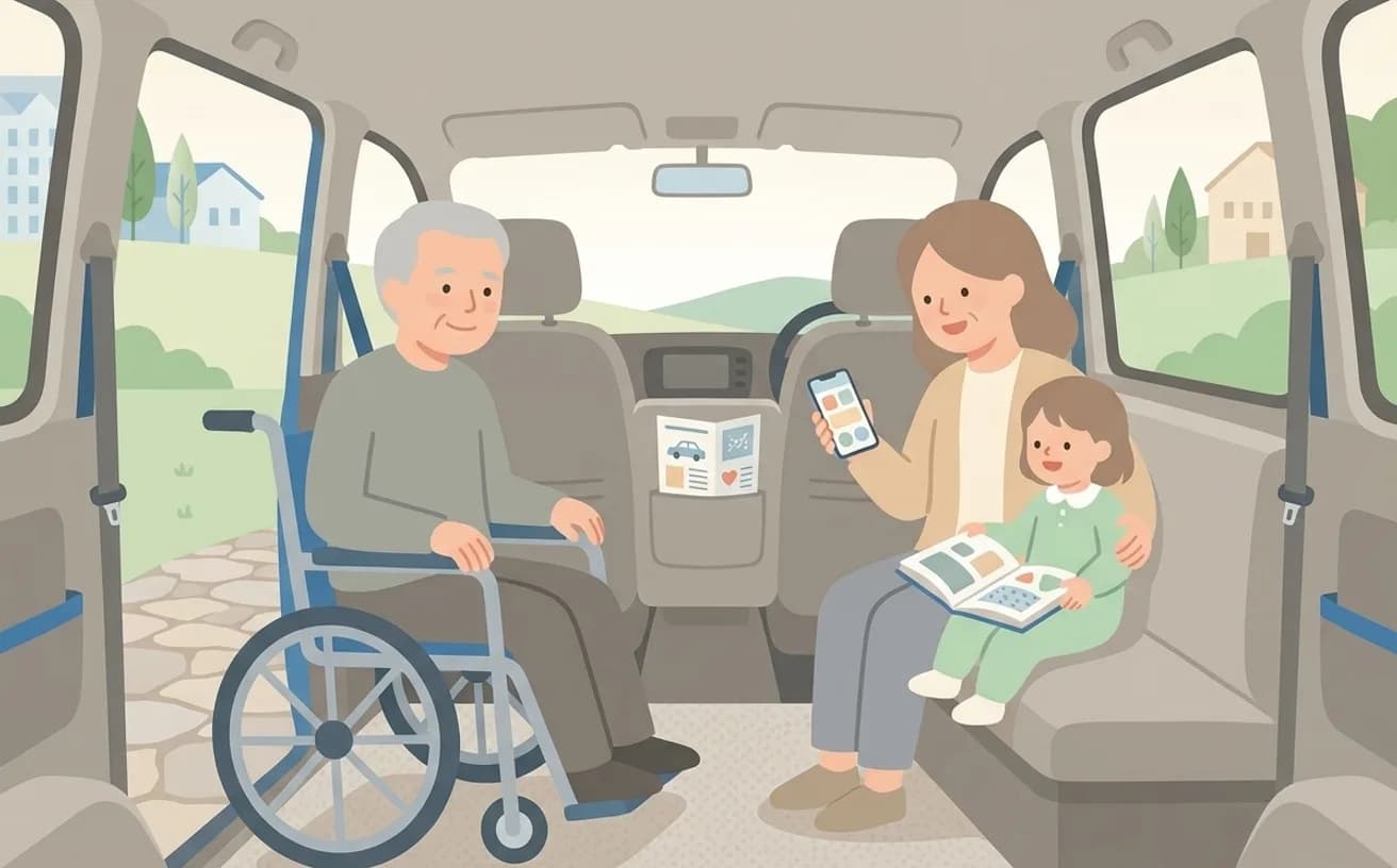 家族同乗で介護タクシーを使うときの確認ポイントを表すイラスト