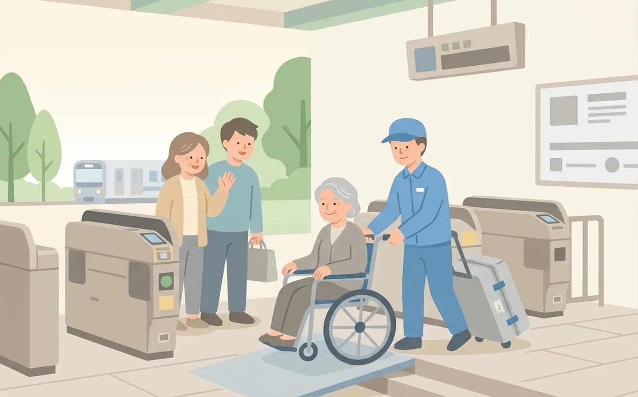駅・空港への移動で介護タクシーを使う確認ポイントを表すイラスト