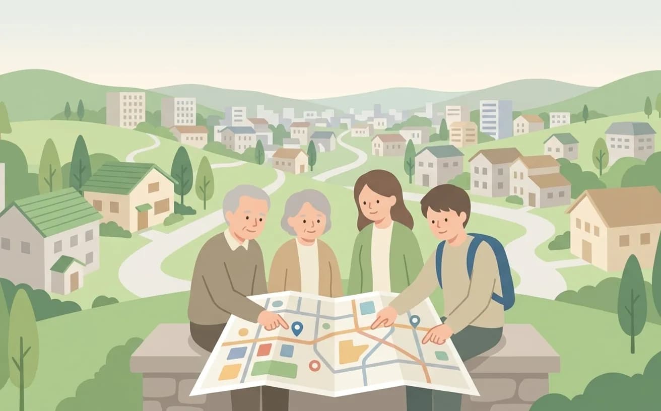 地域から介護タクシー事業所を探す|都市部・郊外それぞれのコツを表すイラスト