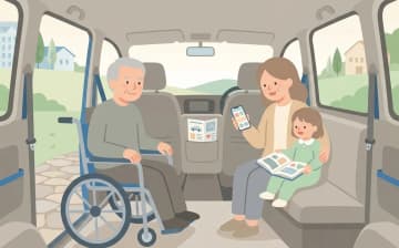 家族同乗で介護タクシーを使うときの確認ポイントを表すイラスト