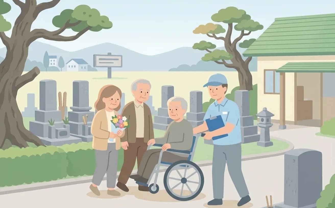 お墓参りで介護タクシーを使う確認ポイントを表すイラスト