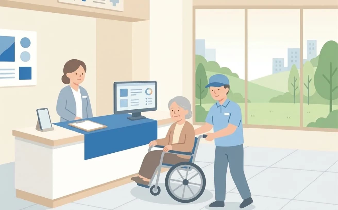病院受付までの介助を頼むときの確認ポイントを表すイラスト