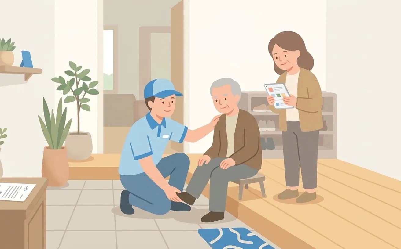 室内から車までの介助を頼むときの確認ポイントを表すイラスト