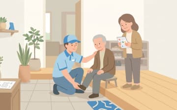 室内から車までの介助を頼むときの確認ポイントを表すイラスト