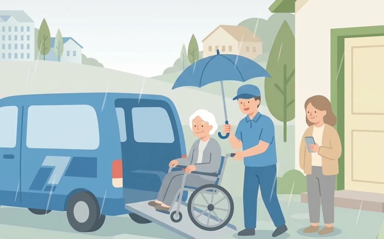 雨の日に介護タクシーを使うときの確認ポイントを表すイラスト