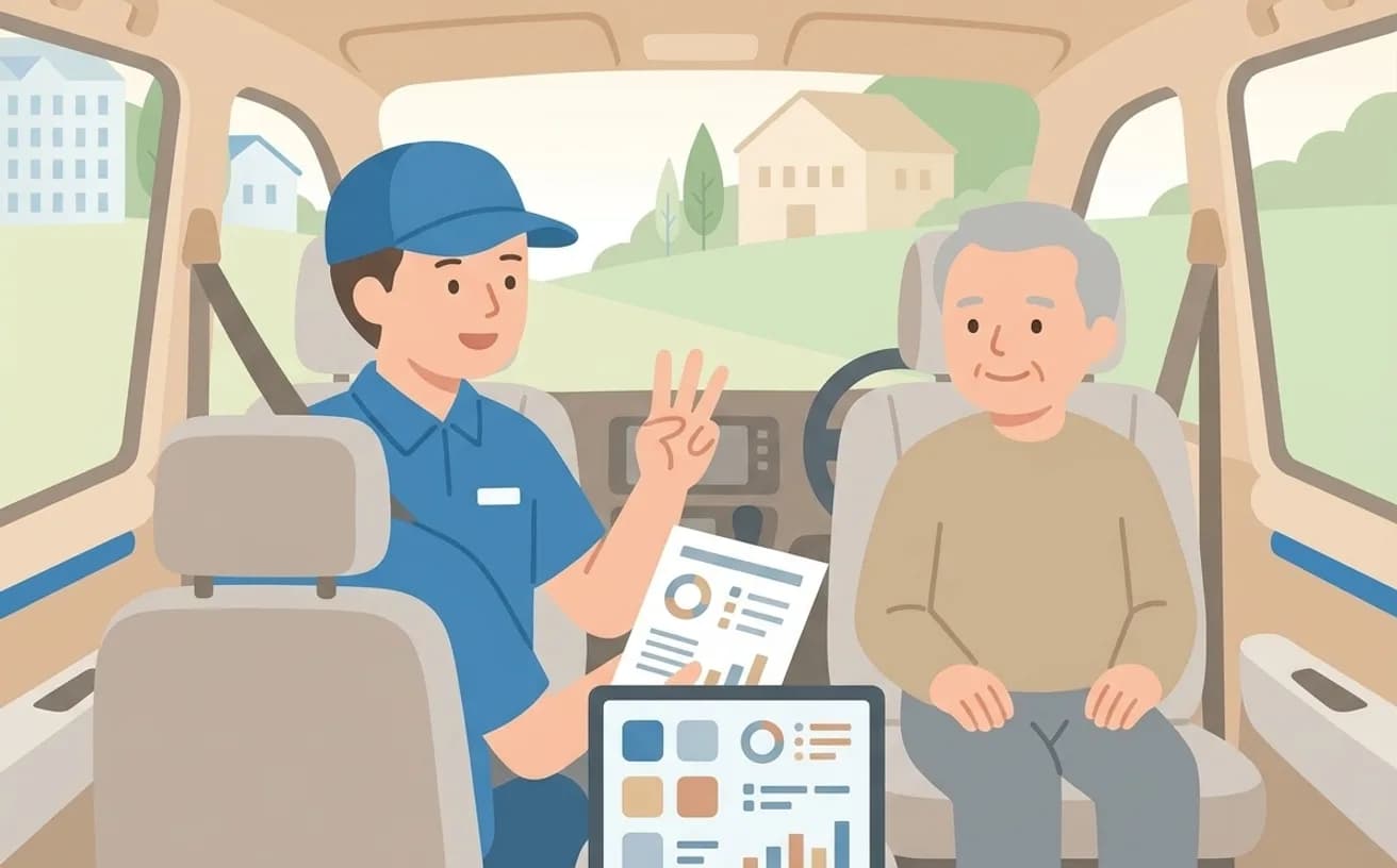 介護タクシーの料金の仕組み|運賃・介助料・機器レンタルを分けて確認を表すイラスト