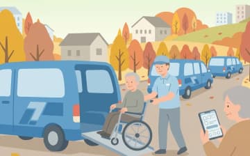 季節・時間帯で介護タクシーが混みやすい場面を表すイラスト