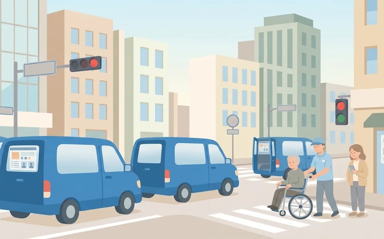 都市部で介護タクシーを探すポイントを表すイラスト
