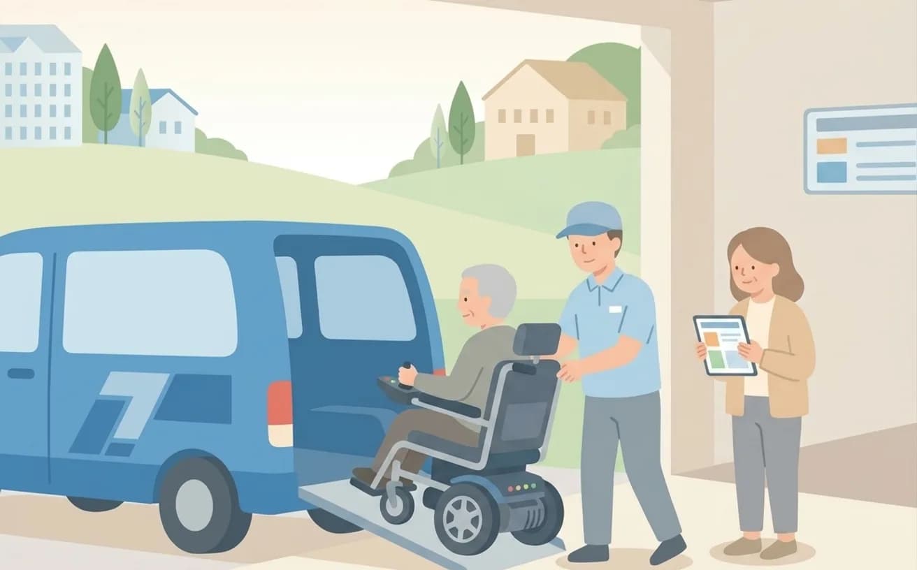 車椅子利用者が介護タクシーを使う確認ポイントを表すイラスト