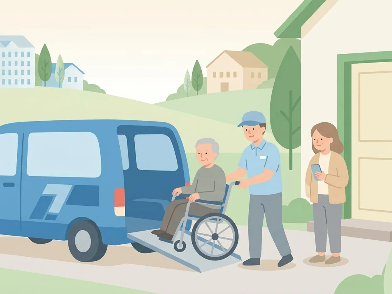 車椅子の利用者が介護タクシーの乗務員に付き添われて乗車するイラスト